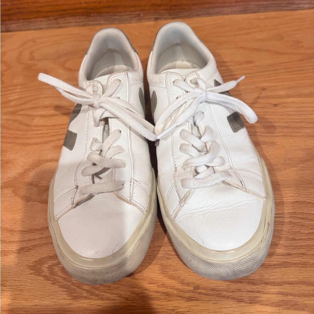 Women's VEJA White Leather Lace-Up Sneakers. Army green accents.